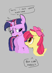 Size: 307x437 | Tagged: safe, artist:hattsy, apple bloom, twilight sparkle, earth pony, pony, unicorn, aggie.io, applenese, bow, buy some apples, dialogue, female, mare, open mouth, simple background, speech bubble, talking, unicorn twilight