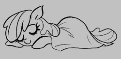 Size: 384x187 | Tagged: safe, apple bloom, earth pony, pony, aggie.io, blanket, eyes closed, female, mare, monochrome, pillow, simple background, sleeping, smiling