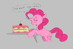 Size: 782x533 | Tagged: safe, artist:hattsy, pinkie pie, earth pony, pony, friendship is witchcraft, aggie.io, blushing, cake, cherry, dialogue, eyes closed, female, food, mare, open mouth, simple background, smiling, talking