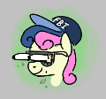 Size: 120x112 | Tagged: safe, bon bon, sweetie drops, pony, aggie.io, bulging eyes, fbi, female, glasses, glow, hat, lowres, mare, simple background, smiling