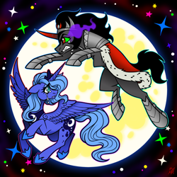 Size: 1350x1350 | Tagged: safe, artist:mechanakal, imported from derpibooru, king sombra, princess luna, alicorn, pony, bared teeth, cape, clothes, crown, crying, duo, female, frown, glow, jewelry, leaping, male, mare, mare in the moon, moon, night, raised hoof, regalia, s1 luna, sky, sombra eyes, sparkles, spread wings, stallion, stars, wings
