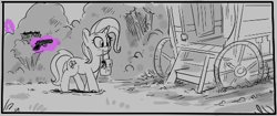 Size: 478x201 | Tagged: safe, trixie, twilight sparkle, pony, unicorn, aggie.io, bag, female, gun, lowres, magic, mare, monochrome, mouth hold, robbery, smiling, thief, wagon, walking, weapon