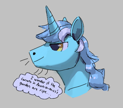 Size: 421x371 | Tagged: safe, artist:rhorse, lyra heartstrings, pony, unicorn, aggie.io, carrot, food, implied femanon, male, rule 63, simple background, smiling, stallion, thought bubble, whiskers