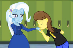 Size: 1920x1276 | Tagged: safe, artist:georgegarza01, artist:grapefruit-face, edit, imported from derpibooru, trixie, oc, oc:grapefruit face, equestria girls, blushing, clothes, dress, duo, hand kiss, hand on cheek, leaning, shipping