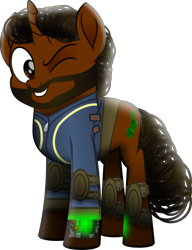 Size: 4673x6086 | Tagged: safe, alternate version, artist:lincolnbrewsterfan, imported from derpibooru, oc, oc only, oc:willing vision, pony, unicorn, fallout equestria, my little pony: the movie, rainbow roadtrip, .svg available, beard, birthday gift, clothes, facial hair, full body, gift art, grin, horn, inkscape, moustache, movie accurate, one eye closed, pipbuck, pipbuck 3000, realistic mane, simple background, smiling, stallion oc, standing, svg, transparent background, unicorn oc, vault suit, vector, wink