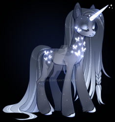 Size: 1024x1091 | Tagged: safe, artist:miioko, imported from derpibooru, oc, oc only, pony, unicorn, black background, deviantart watermark, eyes closed, female, glow, glowing horn, horn, mare, obtrusive watermark, simple background, solo, unicorn oc, watermark