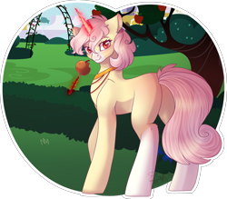 Size: 2191x1917 | Tagged: safe, artist:stormcloud-yt, imported from derpibooru, oc, oc only, pony, unicorn, apple, base used, butt, candy apple (food), food, glow, glowing horn, horn, magic, outdoors, plot, simple background, solo, telekinesis, transparent background, unicorn oc