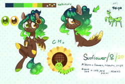 Size: 1600x1068 | Tagged: safe, artist:kaikururu, imported from derpibooru, oc, oc:sunflower, mantis, pegasus, pony, colored hooves, colored wings, female, freckles, heterochromia, mare, pegasus oc, reference sheet, smiling, two toned wings, wings