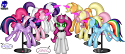 Size: 9600x4154 | Tagged: safe, artist:damlanil, imported from derpibooru, applejack, fluttershy, pinkie pie, rainbow dash, rarity, twilight sparkle, oc, oc:peony, alicorn, earth pony, pegasus, pony, unicorn, bondage, clothes, collar, crystal horn, encasement, fake horn, female, horn, i have no mouth and i must scream, inanimate tf, latex, link in description, magic, magic aura, mannequin, mannequin tf, mare, no mouth, objectification, pedestal, petrification, ponyquin, rubber, shiny, show accurate, simple background, story, story included, transformation, transparent background, twilight sparkle (alicorn), vector