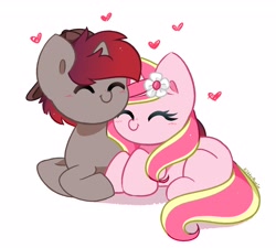 Size: 3387x3050 | Tagged: safe, artist:kittyrosie, imported from derpibooru, oc, oc only, oc:rosa flame, pony, unicorn, backwards ballcap, baseball cap, cap, duo, eyes closed, flower, flower in hair, hat, heart, horn, oc x oc, shipping, simple background, unicorn oc, white background