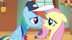 Size: 1280x720 | Tagged: safe, imported from derpibooru, screencap, fluttershy, rainbow dash, pegasus, pony, hurricane fluttershy, coach rainbow dash, coaching cap, coaching whistle, duo, floppy ears, folded wings, frown, hat, looking at each other, looking at someone, now kiss, rainbow dashs coaching whistle, whistle, wings