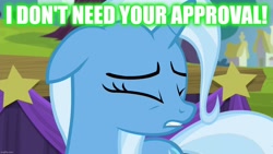 Size: 1280x720 | Tagged: safe, edit, edited screencap, imported from derpibooru, screencap, trixie, no second prances, blatant lies, caption, image macro, text