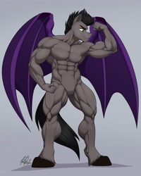 Size: 1639x2048 | Tagged: safe, artist:ponyanony, imported from derpibooru, oc, oc only, anthro, bat pony, unguligrade anthro, barbie doll anatomy, biceps, featureless crotch, flexing, male, muscles, pecs, solo, triceps