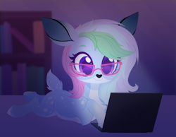 Size: 3000x2333 | Tagged: safe, artist:belka-sempai, imported from derpibooru, oc, oc only, oc:parity bit, deer, bookshelf, commission, computer, deer oc, female, glasses, laptop computer, lying down, prone, solo