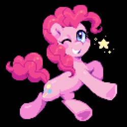 Size: 640x640 | Tagged: safe, artist:hikkage, imported from derpibooru, pinkie pie, earth pony, pony, black background, cute, diapinkes, female, mare, one eye closed, pixel art, simple background, smiling, solo, stars, wink