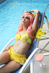 Size: 2000x3000 | Tagged: safe, artist:neoangelwink, imported from derpibooru, fluttershy, human, 2015, armpits, bare shoulders, belly button, bikini, clothes, cosplay, costume, irl, irl human, photo, sleeveless, swimming pool, swimsuit
