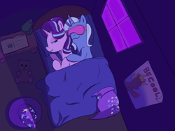 Size: 1600x1200 | Tagged: safe, artist:bigboydover, imported from derpibooru, starlight glimmer, trixie, pony, unicorn, bed, bedroom, book, cape, clothes, cuddling, female, hat, lamp, lesbian, plushie, poster, shipping, sleep mask, sleeping, sleeping together, startrix, teddy bear, trixie's cape, trixie's hat