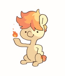 Size: 693x809 | Tagged: safe, artist:ruri0824tby, imported from derpibooru, oc, oc only, oc:flame egg, earth pony, pony, coat markings, female, fire, mare, simple background, sitting, smiling, solo, super powers, white background
