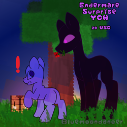 Size: 1640x1639 | Tagged: safe, artist:bluemoon, imported from derpibooru, enderman, enderpony, pony, commission, exclamation point, flower, grass, holding something, looking down, looking up, mine little pony, minecraft, mouth hold, night, ponified, surprised, tree, ych example, your character here