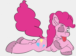 Size: 692x510 | Tagged: artist needed, source needed, safe, imported from derpibooru, pinkie pie, earth pony, pony, checkered background, lying down, one eye closed, prone, solo, tongue out