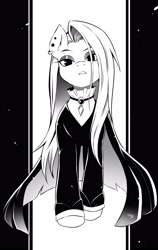 Size: 2440x3850 | Tagged: safe, artist:nekoshiei, imported from derpibooru, fluttershy, pegasus, pony, black and white, ear piercing, earring, eyeshadow, female, fluttergoth, frown, grayscale, jewelry, lidded eyes, makeup, mare, monochrome, piercing, simple background, solo