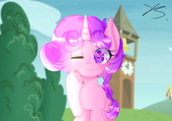 Size: 3508x2480 | Tagged: safe, artist:yuerain sparkle, imported from derpibooru, oc, oc only, oc:candlelight warmth, pony, unicorn, bell tower, braid, curly hair, cute, female, looking at you, mare, one eye closed, raised hoof, sunshine