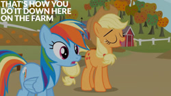 Size: 1280x720 | Tagged: safe, edit, edited screencap, editor:quoterific, imported from derpibooru, screencap, applejack, rainbow dash, earth pony, pegasus, pony, fall weather friends, season 1, applejack's hat, cowboy hat, duo, eyes closed, female, hat, mare, open mouth, open smile, smiling, text