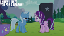 Size: 1280x720 | Tagged: safe, edit, edited screencap, editor:quoterific, imported from derpibooru, screencap, starlight glimmer, trixie, pony, unicorn, no second prances, season 6, duo, female, mare, open mouth, open smile, smiling, text