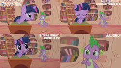 Size: 1280x720 | Tagged: safe, edit, edited screencap, editor:quoterific, imported from derpibooru, screencap, spike, twilight sparkle, dragon, pony, unicorn, boast busters, season 1, duo, eyes closed, female, golden oaks library, implied trixie, male, mare, open mouth, text, unicorn twilight