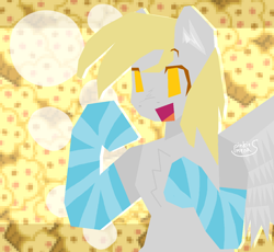 Size: 1168x1076 | Tagged: safe, artist:pinkiemenas, imported from derpibooru, derpy hooves, pegasus, semi-anthro, angular, chest fluff, clothes, ear fluff, food, muffin, open mouth, open smile, smiling, socks, solo, spread wings, striped socks, wings