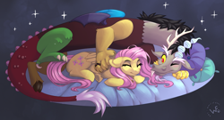 Size: 2851x1534 | Tagged: safe, artist:whlt3fang, imported from derpibooru, discord, fluttershy, draconequus, pegasus, pony, discoshy, eyes closed, female, high res, jewelry, lying down, male, mare, necklace, one eye closed, pillow, ring, shipping, sparkles, stars, straight