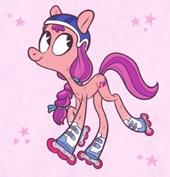Size: 1384x1440 | Tagged: safe, artist:jimmyjamno1, imported from derpibooru, sunny starscout, earth pony, pony, female, g5, helmet, mare, pink background, roller skates, simple background, solo, stars, thin