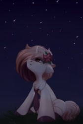Size: 804x1200 | Tagged: safe, artist:melodylibris, imported from derpibooru, oc, oc only, pony, unicorn, chest fluff, flower, flower in hair, looking up, necktie, night, solo, stars