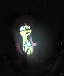 Size: 2480x2953 | Tagged: safe, artist:questionmarkdragon, imported from derpibooru, fluttershy, mouse, pegasus, pony, creepy, crying, dark, female, floppy ears, high res, lost, mare, monster, scared, solo, story in the source, tail
