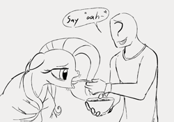 Size: 886x619 | Tagged: safe, artist:dotkwa, imported from derpibooru, fluttershy, oc, oc:anon, human, pegasus, pony, blanket, bowl, feeding, female, floppy ears, food, grayscale, male, mare, monochrome, open mouth, sick, soup, spoon, whiskers
