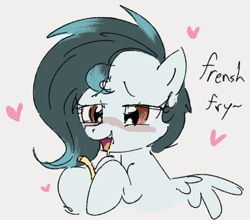 Size: 423x373 | Tagged: safe, artist:dotkwa, imported from derpibooru, oc, oc only, oc:ethereal pelagia, pegasus, pony, drool, female, filly, floating heart, foal, food, french fries, gray background, heart, hoof hold, simple background, solo