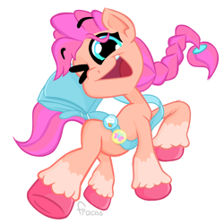 Size: 1280x1280 | Tagged: safe, artist:fraciss, imported from derpibooru, sunny starscout, earth pony, pony, bag, g5, looking at you, one eye closed, simple background, smiling, smiling at you, solo, white background, wink, winking at you