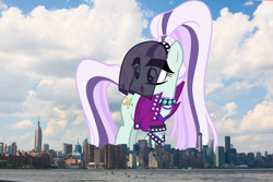 Size: 2160x1440 | Tagged: safe, artist:dashiesparkle, artist:thegiantponyfan, imported from derpibooru, coloratura, earth pony, pony, bracelet, clothes, countess coloratura, female, giant pony, giant/macro earth pony, giantess, highrise ponies, irl, jewelry, macro, manhattan, mare, mega giant, new york, new york city, open mouth, photo, ponies in real life, raised hoof, smiling, spiked wristband, story included, veil, wristband