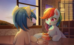 Size: 2850x1750 | Tagged: safe, artist:emeraldgalaxy, imported from derpibooru, rainbow dash, oc, oc:dopami korpela, pegasus, pony, unicorn, cafe, cake, canon x oc, chalkboard, chest fluff, coffee, coffee cup, commission, cottagecore, cup, cute, dashabetes, dating, dopadash, drink, female, food, horn, indoors, looking at each other, looking at someone, male, mare, mixed berry cake, shipping, sitting, stallion, straight, table, unicorn oc, window