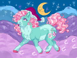 Size: 4024x3024 | Tagged: safe, artist:mysthooves, imported from derpibooru, minty, pony, christmas, chubby, g3, g3 to g4, g4, generation leap, hat, holiday, neck fluff, realistic horse legs, santa hat, solo, tongue out