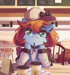 Size: 3787x4025 | Tagged: safe, artist:saxopi, imported from derpibooru, oc, oc only, earth pony, semi-anthro, baseball cap, blurry background, bow, braided pigtails, brown mane, brown tail, cap, clothes, colored pupils, drink, drinking straw, earth pony oc, eye clipping through hair, eyebrows, eyebrows visible through hair, eyelashes, hat, high res, hoof on chin, looking at you, oc name needed, plastic cup, seat, signature, solo, table, tail