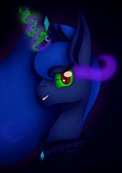 Size: 1748x2480 | Tagged: safe, artist:victoria-luna, imported from derpibooru, princess luna, alicorn, pony, black background, corrupted, corrupted luna, dark magic, glowing, glowing horn, horn, jewelry, magic, peytral, simple background, solo, sombra eyes, tiara, translated in the description, translation