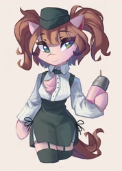 Size: 2916x4096 | Tagged: safe, artist:saxopi, imported from derpibooru, oc, oc only, earth pony, semi-anthro, beige background, chest fluff, clothes, colored pupils, drink, drinking straw, earth pony oc, eyebrows, eyebrows visible through hair, eyelashes, hat, high res, looking at something, oc name needed, open clothes, open shirt, pigtails, raised hoof, side slit, simple background, socks, solo, thigh highs, twintails, white shirt