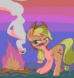 Size: 1750x1850 | Tagged: safe, artist:baigak, imported from derpibooru, applejack, earth pony, pony, applejack's hat, bonfire, cowboy hat, female, fire, food, hat, mare, marshmallow, mouth hold, roasted marshmallow, smoke, solo