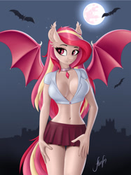 Size: 1024x1366 | Tagged: safe, artist:altumsan, imported from derpibooru, oc, oc only, oc:ruby sanguine, anthro, bat pony, absolute cleavage, bat pony oc, bat wings, bedroom eyes, belly button, breasts, cleavage, clothes, commission, digital art, female, moon, night, pose, shirt, skirt, solo, spread wings, tail, tanktop, thighs, wide hips, wings