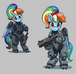 Size: 520x503 | Tagged: safe, artist:pabbley, imported from derpibooru, rainbow dash, pegasus, pony, semi-anthro, aggie.io, alternate hairstyle, armor, bipedal, female, gray background, gun, halo (series), looking at you, looking down, mare, powered exoskeleton, shotgun, simple background, weapon