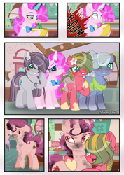 Size: 2894x4093 | Tagged: safe, artist:stormcloud-yt, imported from derpibooru, oc, oc only, oc:gentle cream, oc:gulnara, oc:lemon ice, oc:spinel, pony, unicorn, base used, burnt, comic, female, grin, horn, hug, indoors, jewelry, mare, necklace, offspring, parent:big macintosh, parent:double diamond, parent:limestone pie, parent:marble pie, parent:maud pie, parent:mud briar, parent:party favor, parent:pinkie pie, parents:limediamond, parents:marblemac, parents:maudbriar, parents:partypie, raised hoof, smiling, unamused, unicorn oc, wide eyes