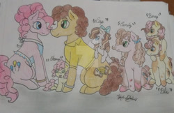 Size: 1024x664 | Tagged: safe, artist:monse2001, imported from derpibooru, cheese sandwich, li'l cheese, pinkie pie, oc, pony, the last problem, apron, baby, baby pony, clothes, colt, deviantart watermark, female, filly, foal, male, mare, naked apron, obtrusive watermark, offspring, parent:cheese sandwich, parent:pinkie pie, parents:cheesepie, partial nudity, stallion, traditional art, watermark