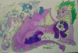 Size: 1920x1316 | Tagged: safe, artist:monse2001, imported from derpibooru, rarity, spike, oc, oc:sapphire, oc:snow diamond, dracony, dragon, hybrid, pony, unicorn, deviantart watermark, family, female, glowing, glowing horn, horn, horn ring, interspecies offspring, levitation, lying down, magic, male, obtrusive watermark, offspring, older, older spike, parent:rarity, parent:spike, parents:sparity, prone, ring, self-levitation, shipping, sparity, straight, telekinesis, traditional art, watermark, wedding ring, winged spike, wings