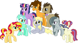 Size: 3990x2221 | Tagged: safe, artist:littlejurnalina, imported from derpibooru, cheese sandwich, derpy hooves, doctor whooves, lyra heartstrings, marble pie, moondancer, sunset shimmer, time turner, twilight sparkle, alicorn, pony, bowtie, lying down, polyamory, prone, simple background, transparent background, twilight sparkle (alicorn)